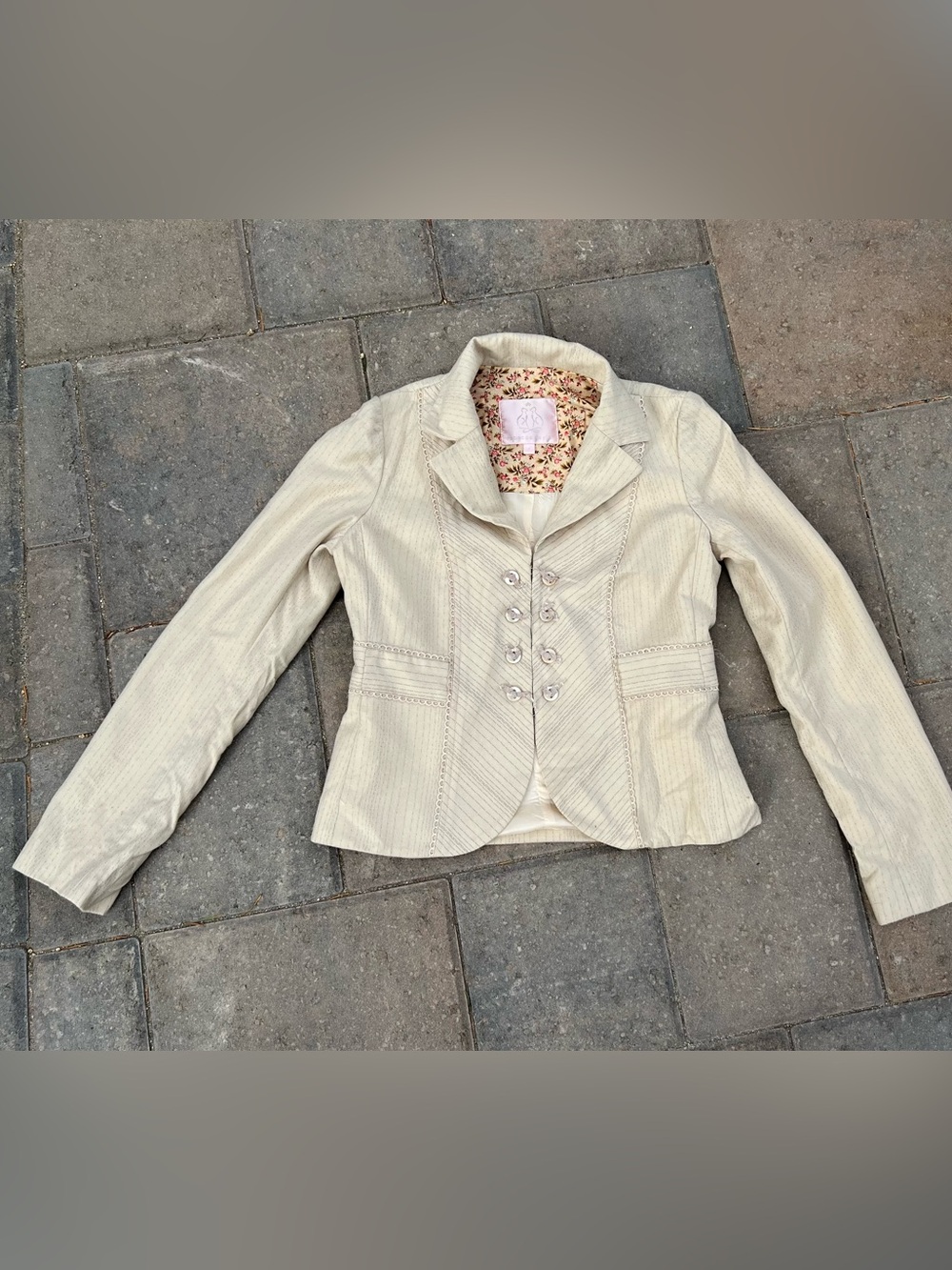 VTG Y2K Rebecca Taylor Cream Wool Pinstripe Blazer Jacket Size 2
